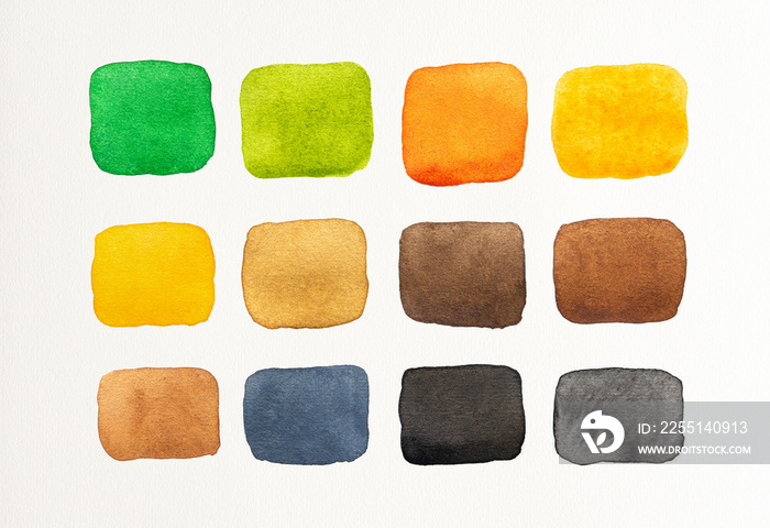 Set of watercolor spot on white background. Color shade collection. Multicolored colorful watercolor brush.