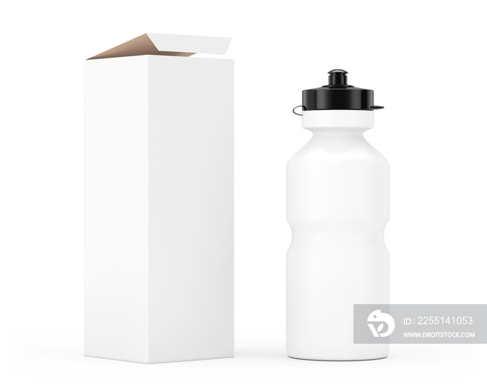 White Sport Plastic Water Bottle Mockup with Cardboard Kraft Paper Box Packaging. 3d Rendering