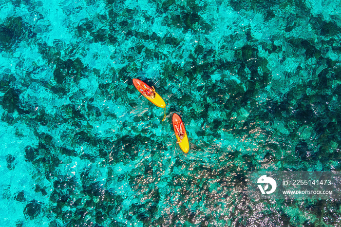 Aerial view Kayak boat turquoise water sea, sunny day. Concept travel together