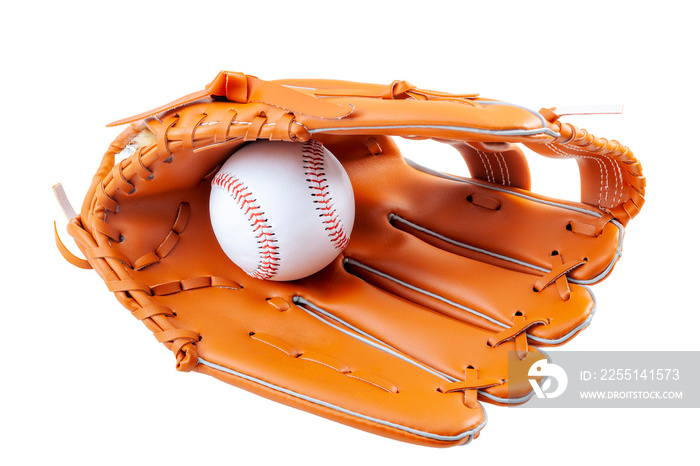 America s pastime, sporting equipment and american sports concept with a new generic baseball glove and holding a ball isolated on white background with a clip path cutout