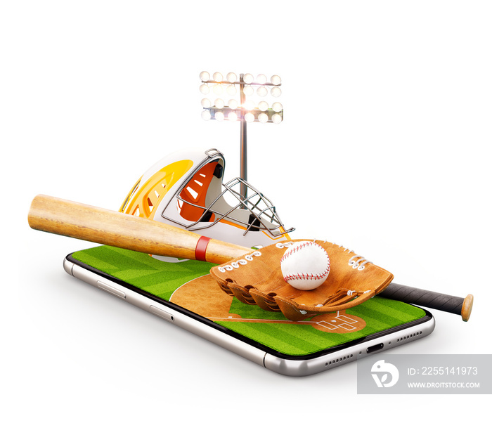 Unusual 3d illustration of a baseball stadium with bat, helmet, baseball glove and ball on a smartphone screen. Watching baseball and betting online concept.