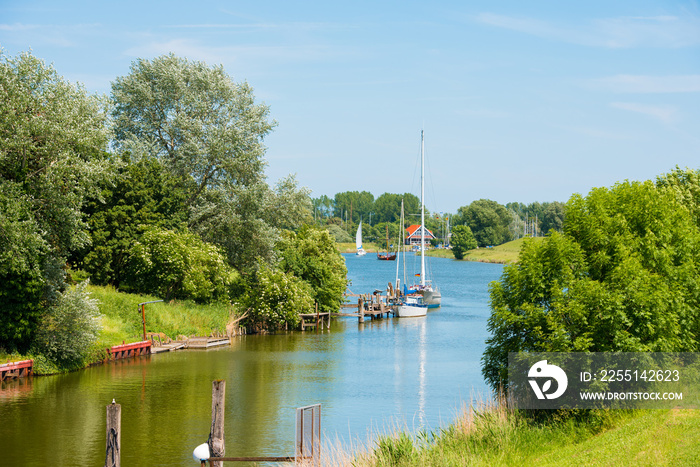 View of the boats in the harbor, Hooksiel, Wangerland, Germany. Copy space for text.