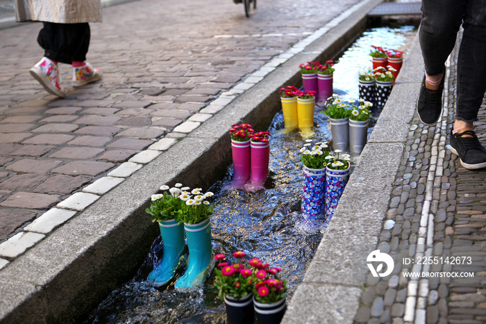 Rubber boots in the water with flowers in the city of Freiburg. Tourist attraction.