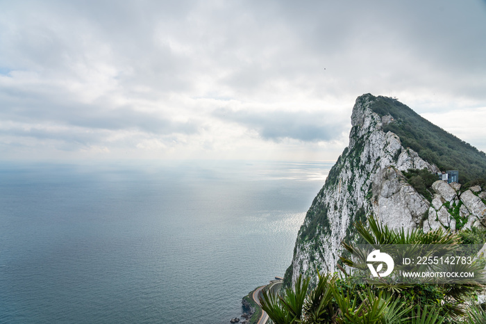 Rock of Gibraltar on a foggy morning, Gibraltar, UK. Copy space for text.