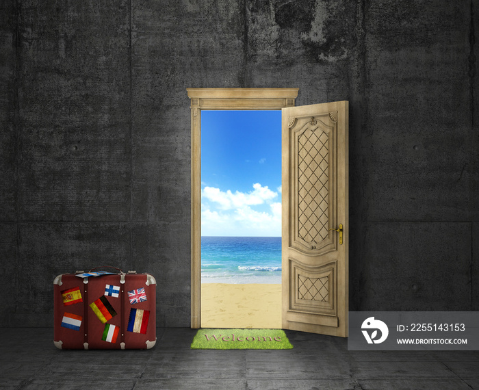 Concept of travel. Door with picture of sand beach, ocean and sk