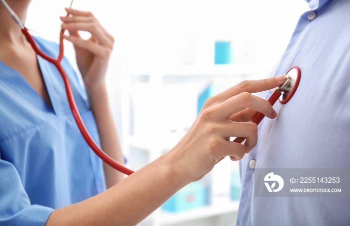 Female doctor listening heartbeat of male patient in clinic