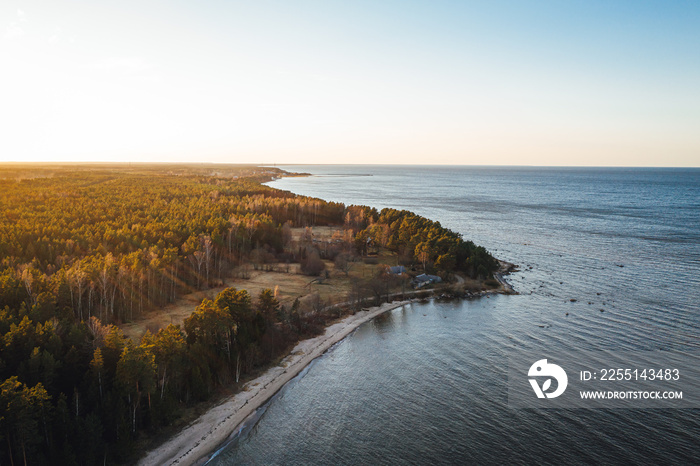 Aerial view on sea coast line, birds eye on baltic sea side