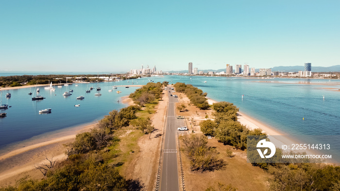 Aerial panorama of Moondarewa Spit in the Gold Coast, Queensland, Australia