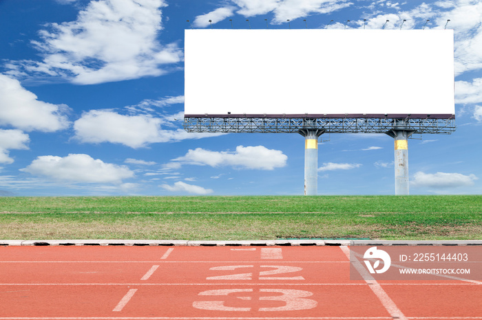 white digital billboard with running track in sport stadium blu