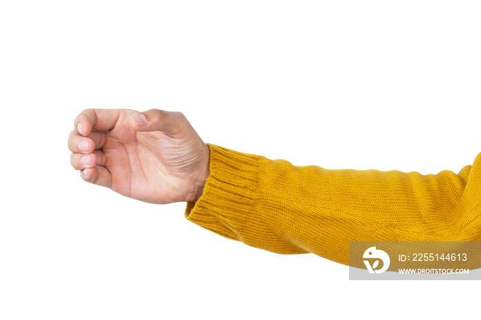 Woman hand show holding something like a bottle with yellow shirt isolated on white background. Clipping path included