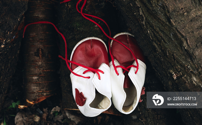 Leather baby vintage red boots on wood