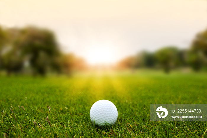 Golf ball on green grass on blurred beautiful landscape of golf course with sunrise,sunset time on background.