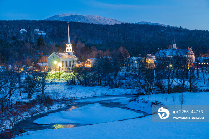 Stowe Community Church at dusk, Stowe, Vermont, USA