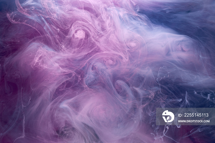 Purple smoke on black ink background, colorful fog, abstract swirling purple ocean sea, acrylic paint pigment underwater
