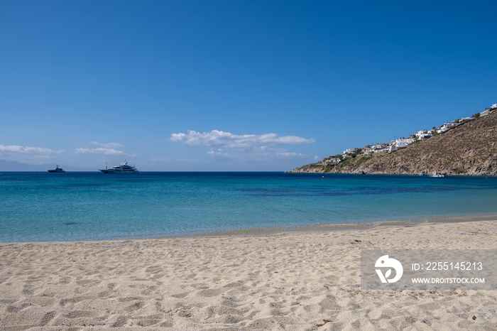 Mykonos island, Cyclades. Greece. Psarou sandy beach, summer holidays concept