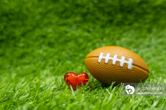 American football with love heart shape on green grass