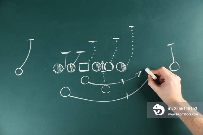 Hand drawing scheme of football game on blackboard background