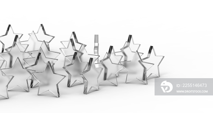 Five glass stars isolated on white background. 3D rendering.