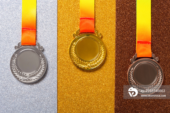 top view set of gold silver and bronze award medals