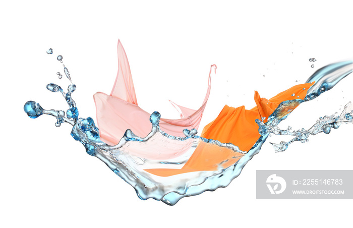 Clean flying clothes with splashes of water on white background