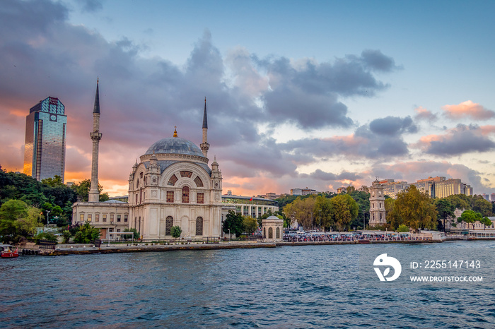 The Ortaköy Mosque on the banks of the Bosphorus Straits, at sunset.