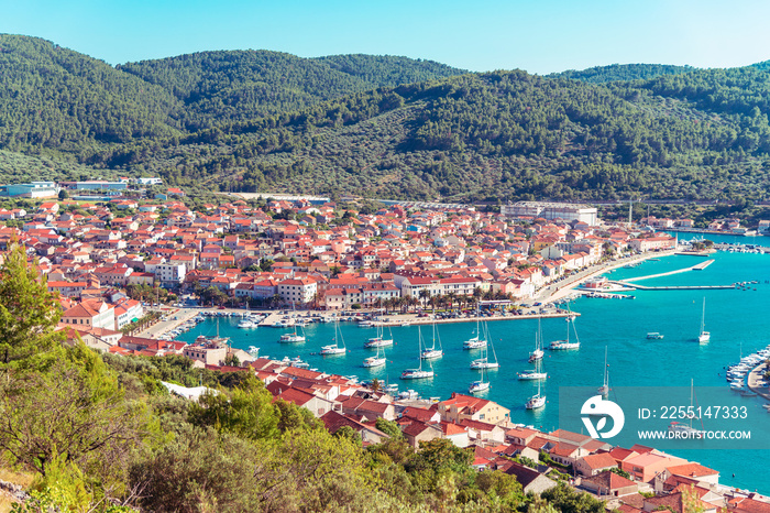 Bay of Vela Luka on the island of Korcula, aerial view, Croatia