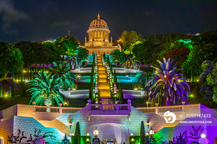 Night view of Bahai gardens in Haifa, Israel