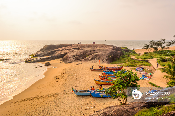 fishning boats at the rocky beach of Someshwar, Mangalore, Karnataka, India