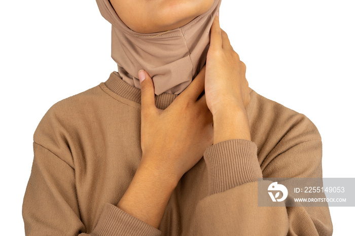 Hijab woman holding sore neck isolated