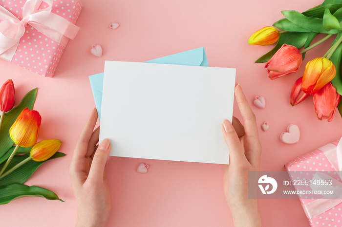 Spring gift concept. First person top view photo of female hands holding envelope with card and tulips flowers gift boxes on pastel pink background. Invitation card idea.