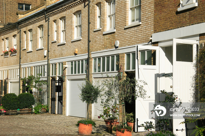 Mews house residential apartments in Marylebone London England UK which are converted buildings from old horse stables, stock photo image