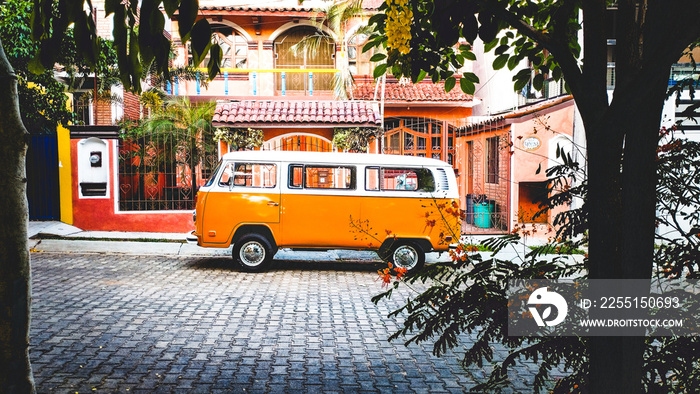 orange westfalia kombi combi parked in tropical beautiful summer paradise for van lifers