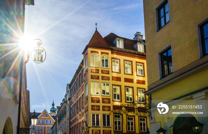 Facades of buildings of Platzl Square in Munich, Germany