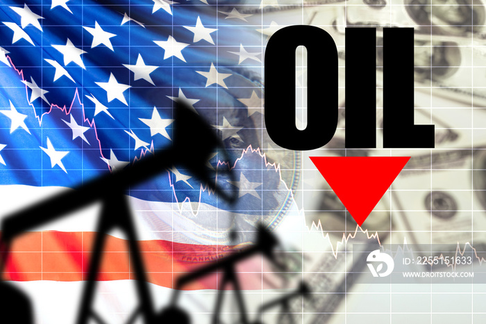 Down arrow next to the oil logo. The concept is to reduce the cost of shale oil. Falling prices for US hydrocarbons. Dollars next to usa flag. Falling charts. USO Index. Oil futures for sale