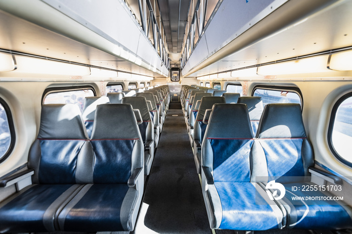 Interior view of an empty passenger train car