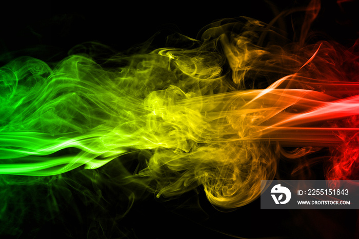 abstract background smoke curves and wave reggae colors green, yellow, red colored in flag of reggae music