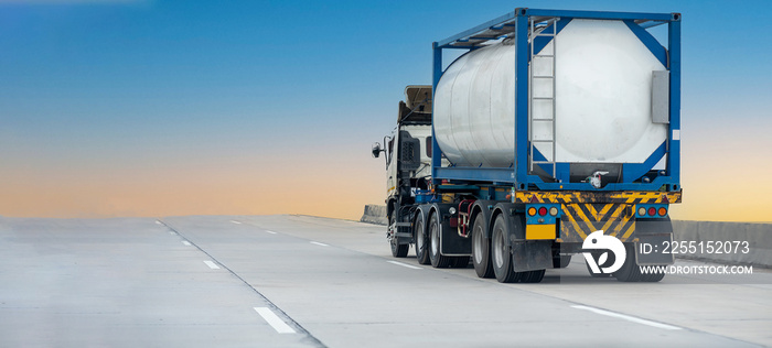 Gas Truck on highway road with tank oil  container, transportation concept.,import,export logistic industrial Transporting Land transport on the expressway with blue sky.image motion blur