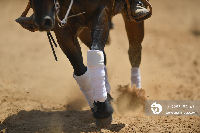 A close-up view of a rider sliding the horse in the dirt