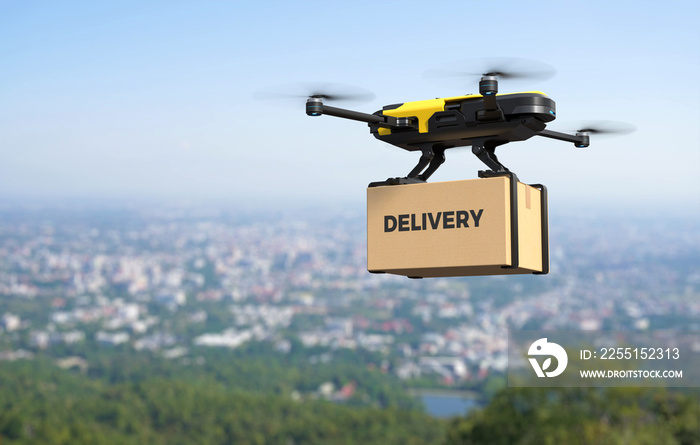 Drone delivering goods in the city, Autonomous delivery robot, Business air transportation concept