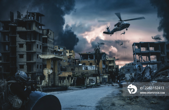 Military helicopter and forces in destroyed city and a soldier protects the soldiers that roping helicopter