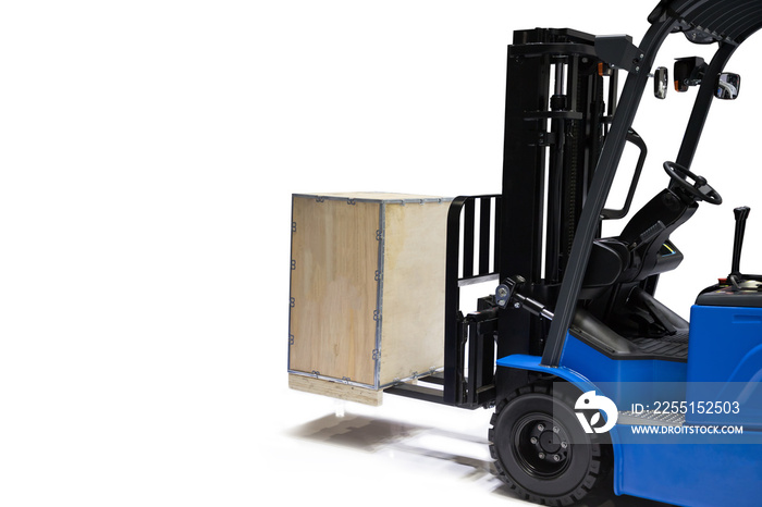 blue forklift truck withwooden box on pallet. forklift truck isolate on white background.