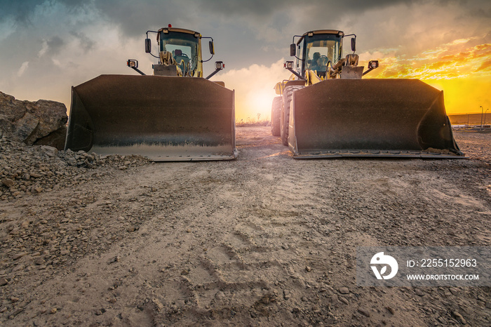 Two excavators working as a team for the construction of a road between Madrid - Segovia - Valladolid in Spain. Two better than one.