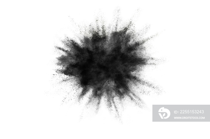 Black powder explosion on white background.