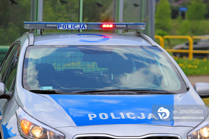 close up on Policja (Police) sign on car. Poland
