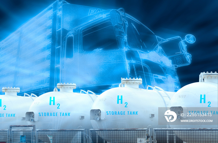 Electric truck with H2 fuel storage tank. Blue hydrogen concept. Electric vehicle trailer truck. Sustainable energy. Net zero emissions by 2050. Commercial logistic truck transport with green power.