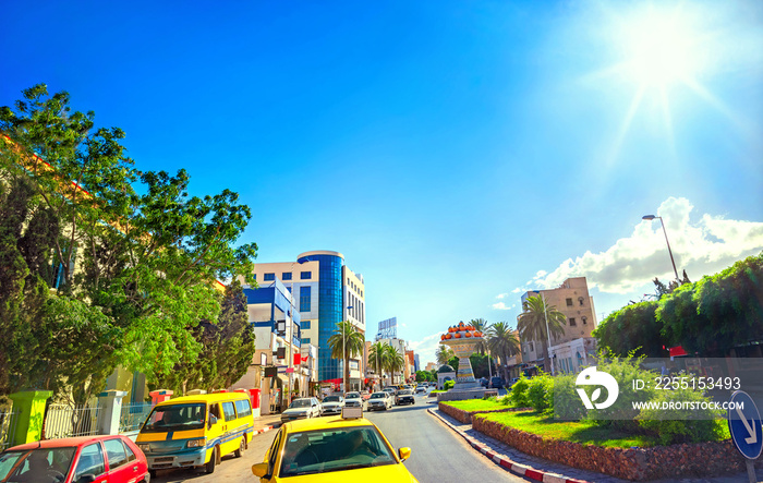 Cityscape with view of main road in city centre Nabeul. Tunisia, North Africa