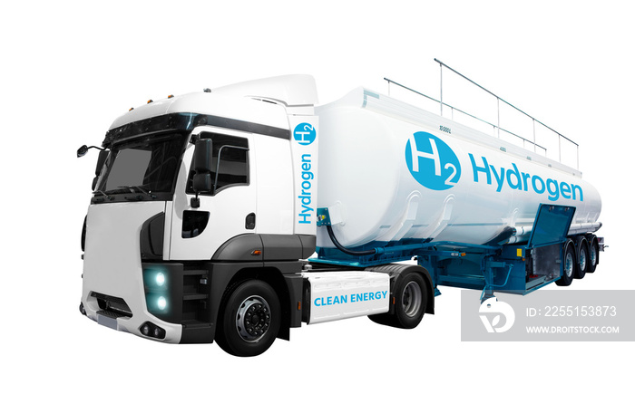 Truck on hydrogen fuel with H2 tank trailer isolated on a white background.