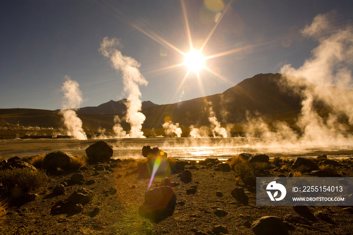 Sunrise behind fumaroles at an altitude of 4300m, El Tatio Geysers, Atacama desert, Antofagasta Region, Chile, South America