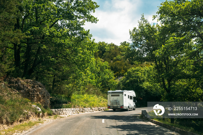 Motorhome Car Goes On Road On Background Of French Mountain Nature