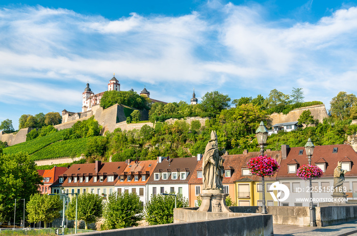 Statue on the Alte Mainbrucke and Marienberg Fortress in Wurzburg, Germany